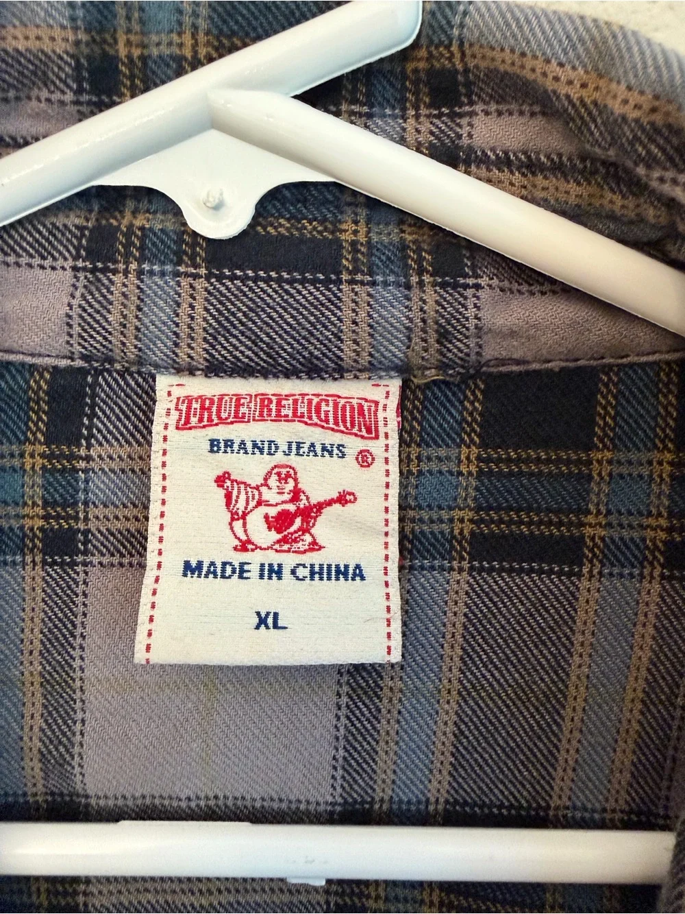 True Religion Gray and Blue Plaid Western Shirt Sz XL